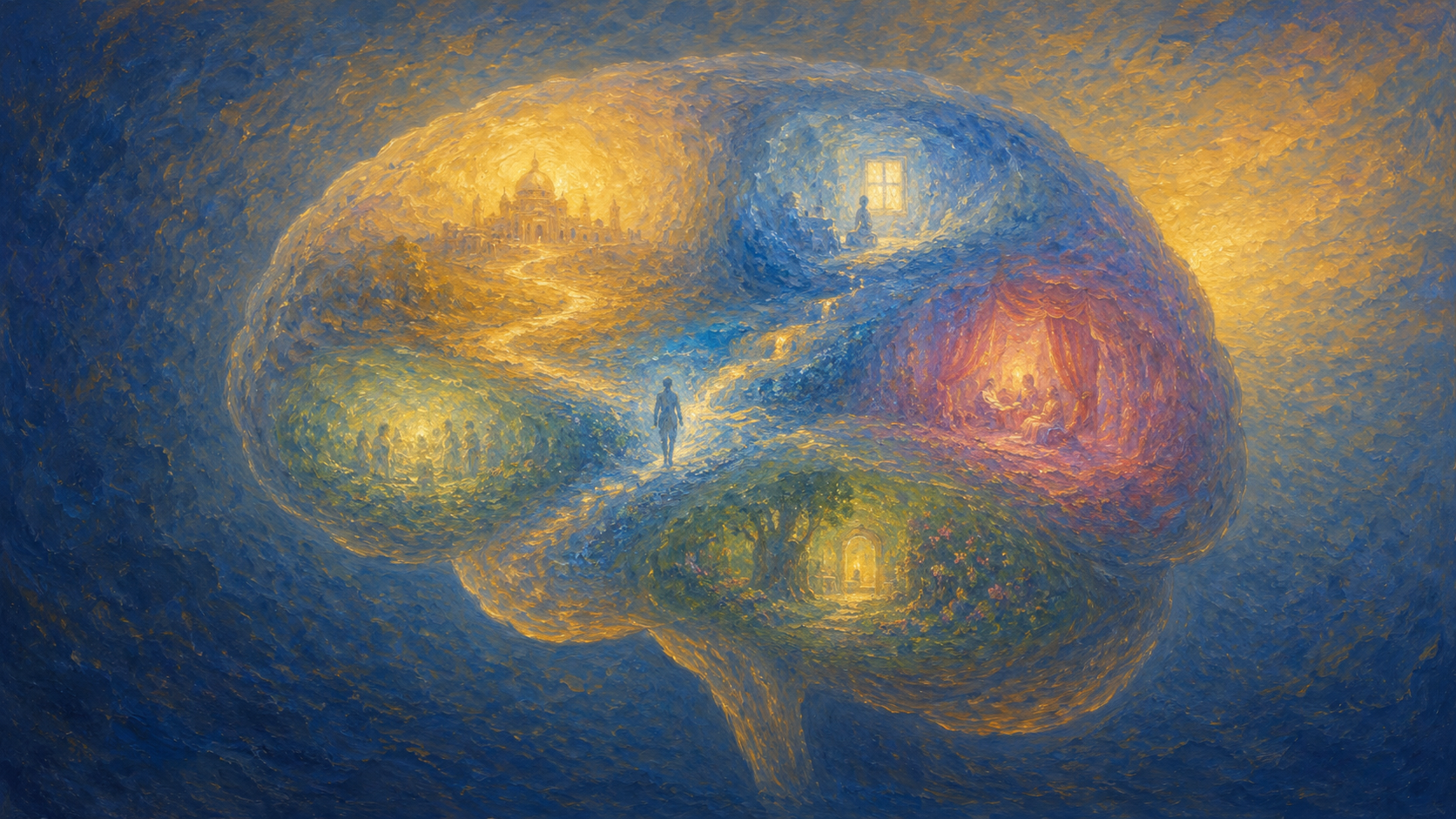 A brain rendered as a luminous landscape of memories and rooms
