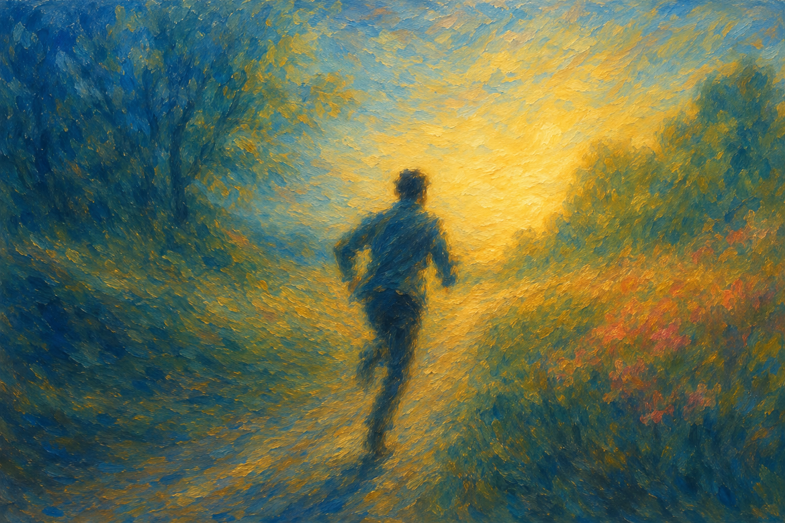 A runner on a trail at sunrise